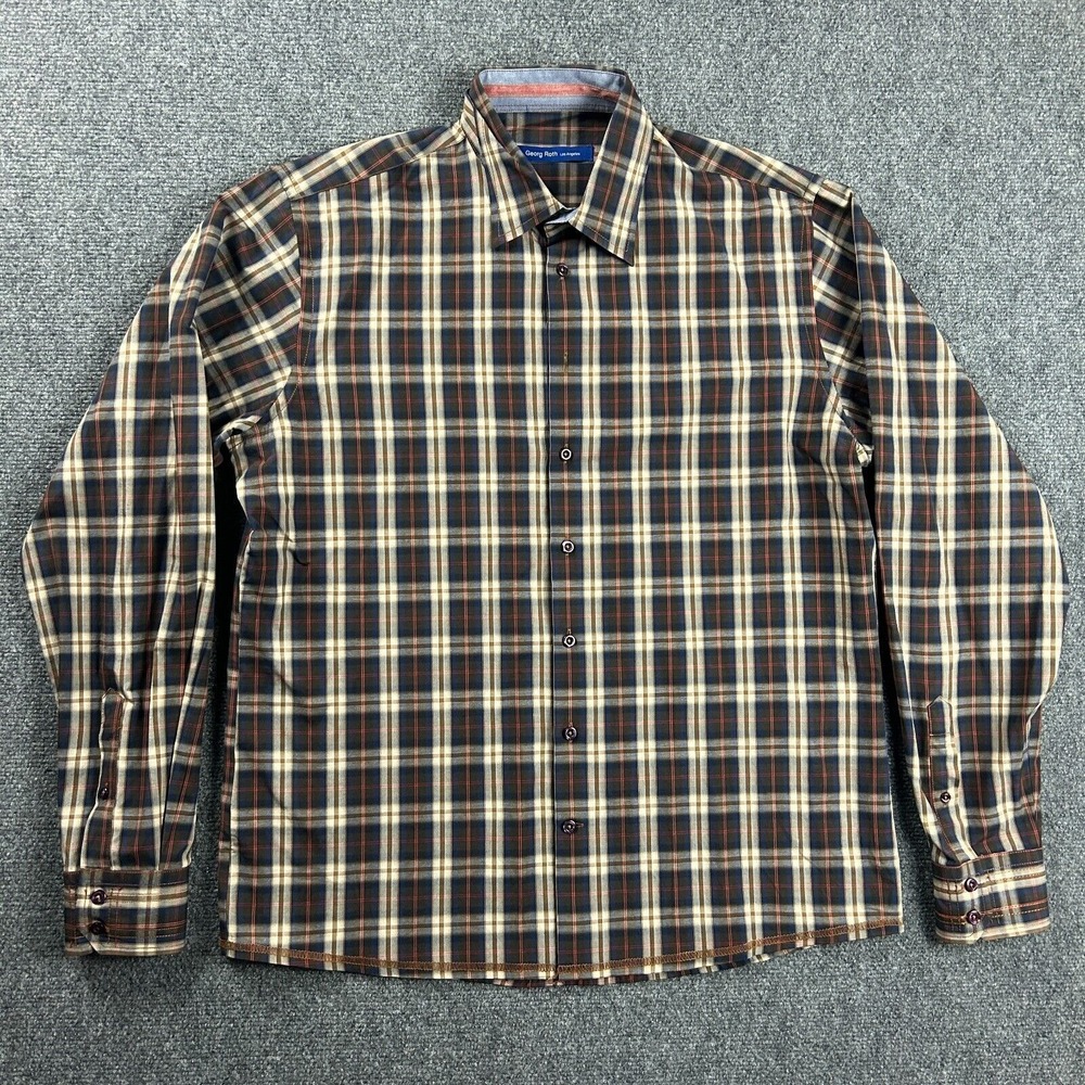 Georg‎ Roth Los Angeles Shirt Mens XL Plaid Brown Button Up Cotton Blend Adults